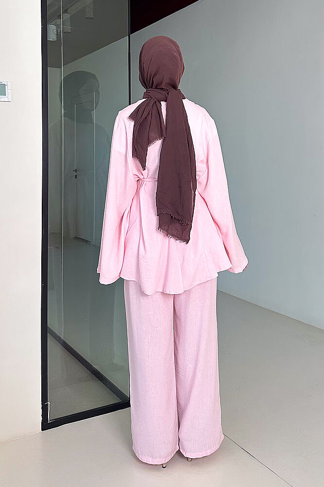Geniş Kol Parçalı Pantolon Takım - Pembe - 6