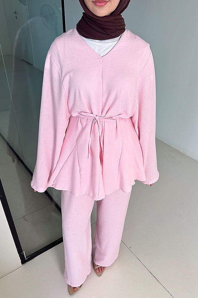 Geniş Kol Parçalı Pantolon Takım - Pembe - QUB (3)