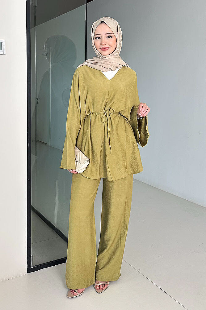 Geniş Kol Parçalı Pantolon Takım - Yağ Yeşili - QUB (3)