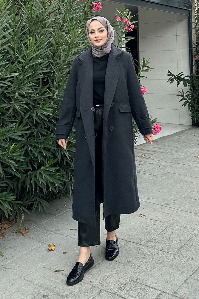 Geniş Manşetli Kaşe Kaban - Antrasit - 1