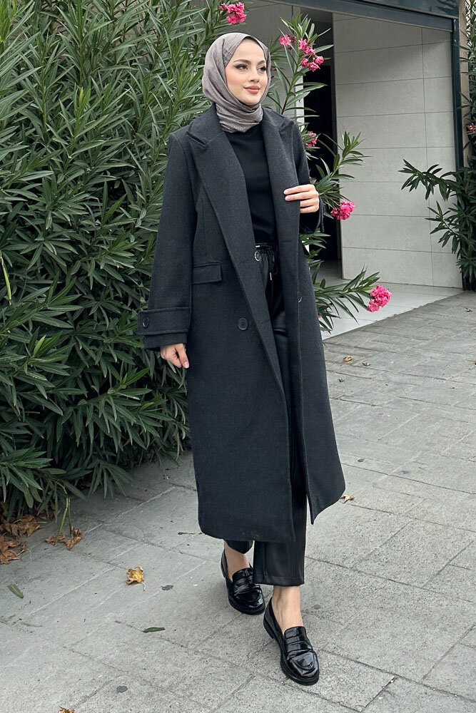 Geniş Manşetli Kaşe Kaban - Antrasit - HENZA (4)