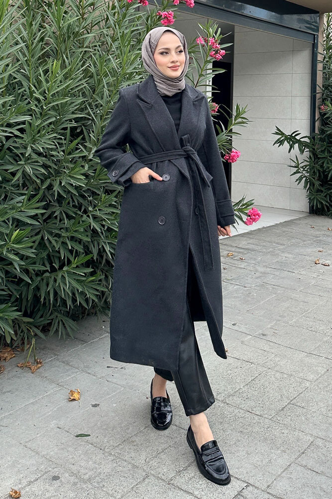 Geniş Manşetli Kaşe Kaban - Antrasit - HENZA (1)