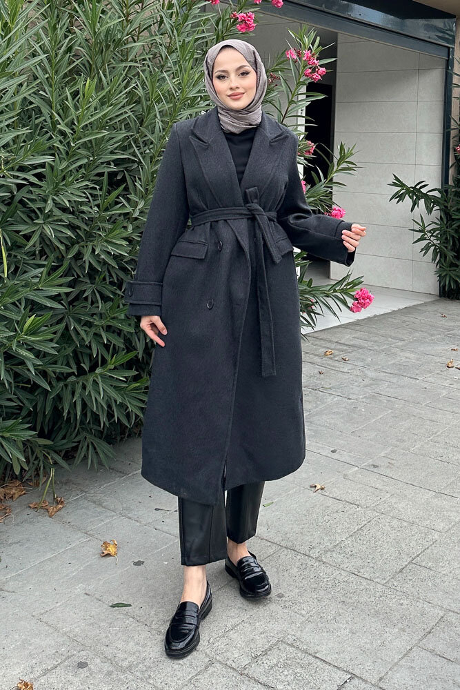 Geniş Manşetli Kaşe Kaban - Antrasit - 4