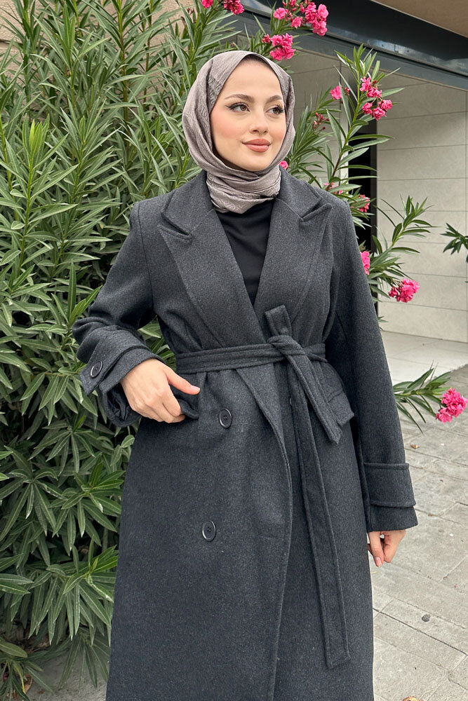 Geniş Manşetli Kaşe Kaban - Antrasit - 9