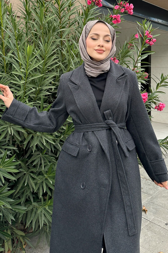 Geniş Manşetli Kaşe Kaban - Antrasit - HENZA (2)