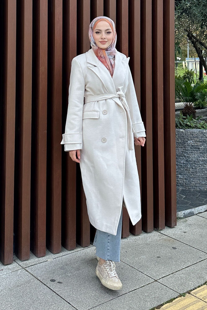 Geniş Manşetli Kaşe Kaban - Bej - HENZA (3)