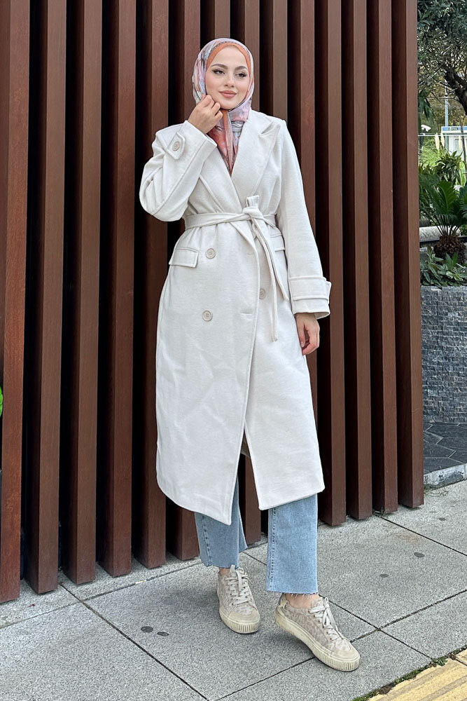 Geniş Manşetli Kaşe Kaban - Bej - HENZA (5)