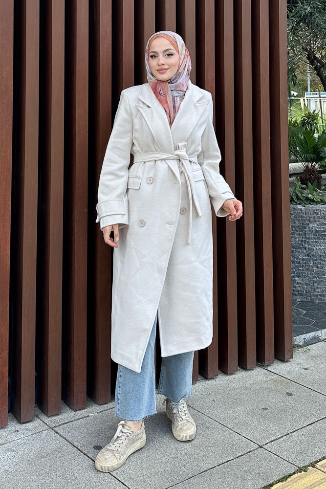 Geniş Manşetli Kaşe Kaban - Bej - HENZA (1)