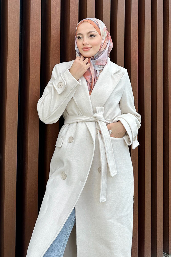 Geniş Manşetli Kaşe Kaban - Bej - 3