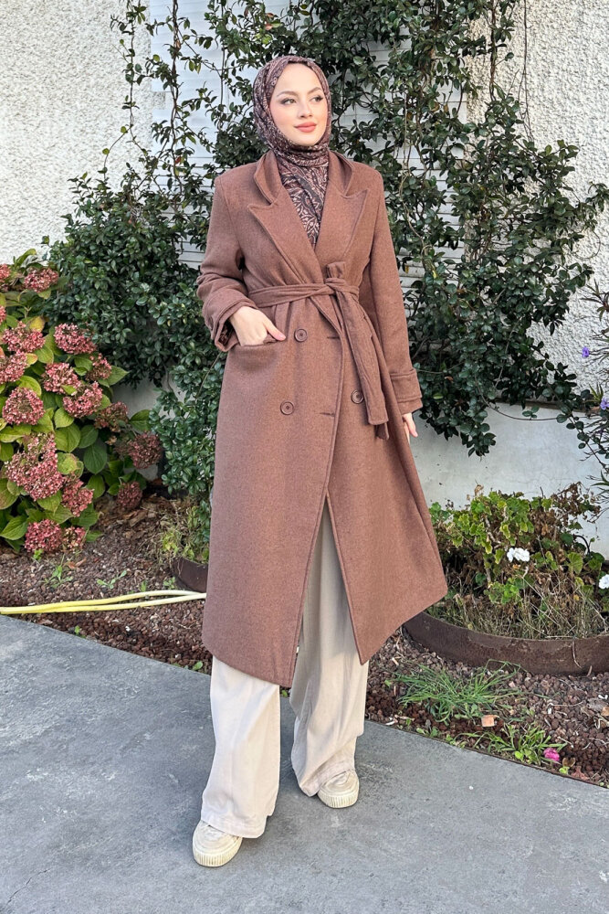 Geniş Manşetli Kaşe Kaban - Kahverengi - HENZA (3)