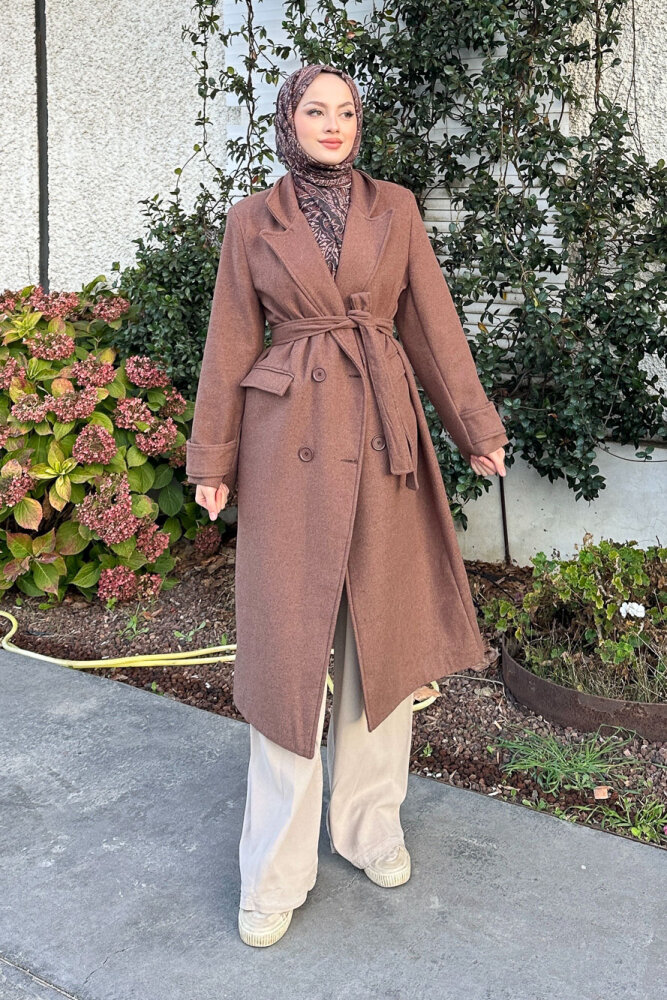 Geniş Manşetli Kaşe Kaban - Kahverengi - HENZA (1)