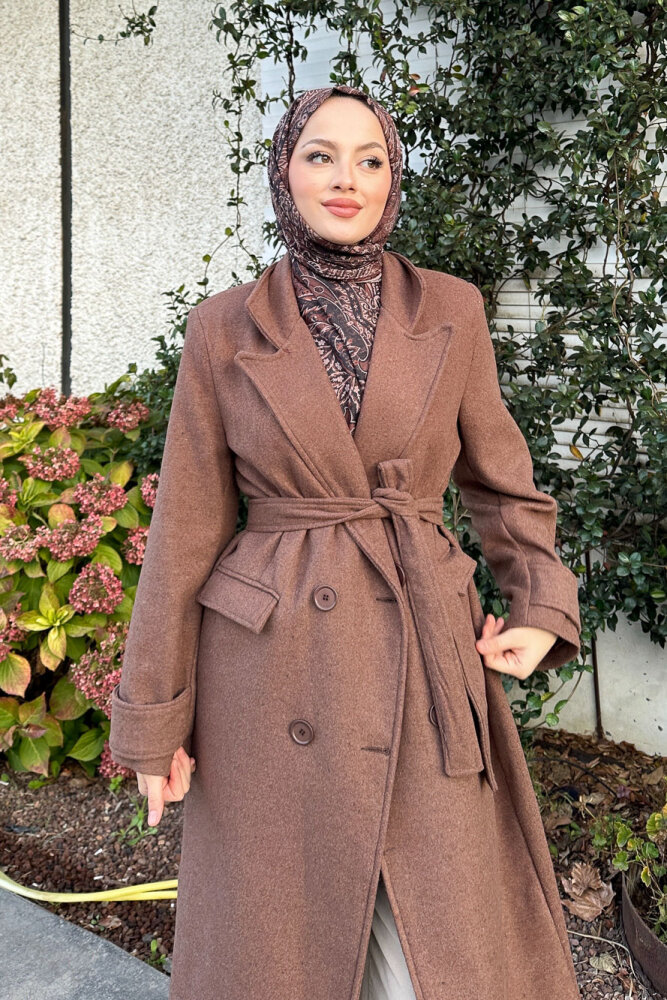 Geniş Manşetli Kaşe Kaban - Kahverengi - 3