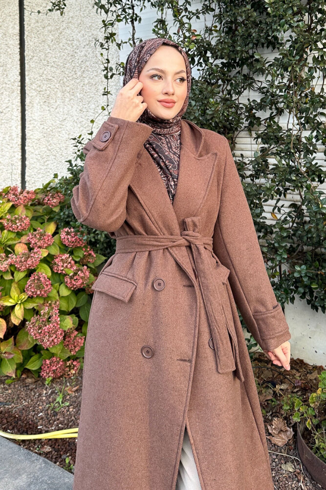 Geniş Manşetli Kaşe Kaban - Kahverengi - 6