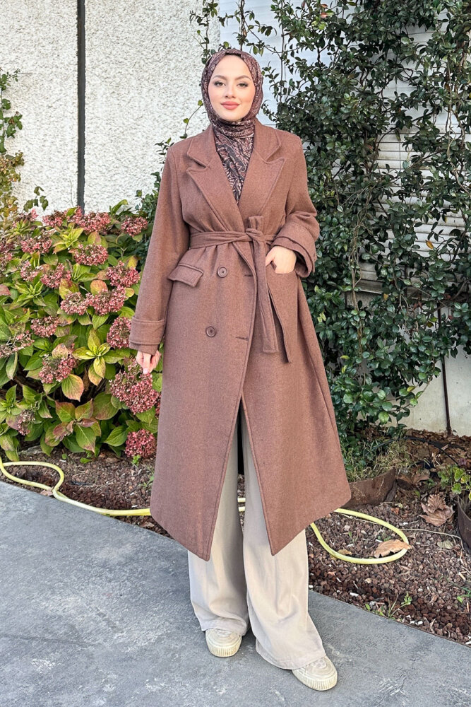 Geniş Manşetli Kaşe Kaban - Kahverengi - 7