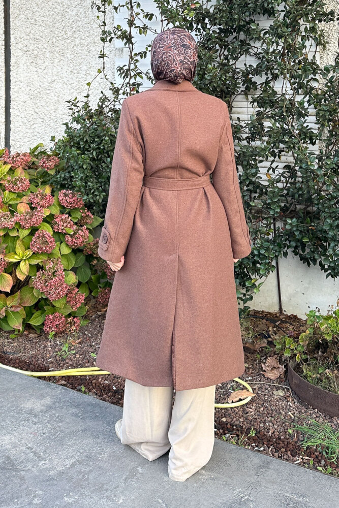 Geniş Manşetli Kaşe Kaban - Kahverengi - 5