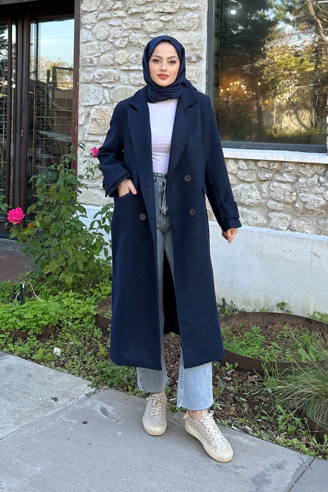 Geniş Manşetli Kaşe Kaban - Lacivert - 1