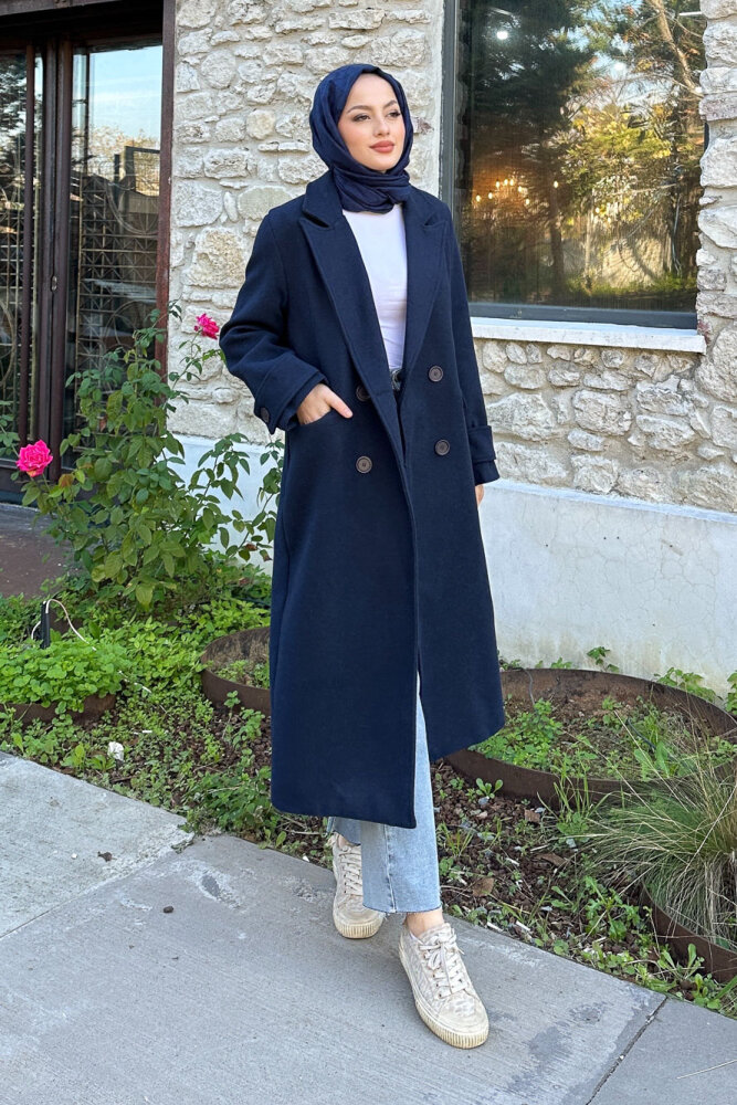 Geniş Manşetli Kaşe Kaban - Lacivert - HENZA (1)