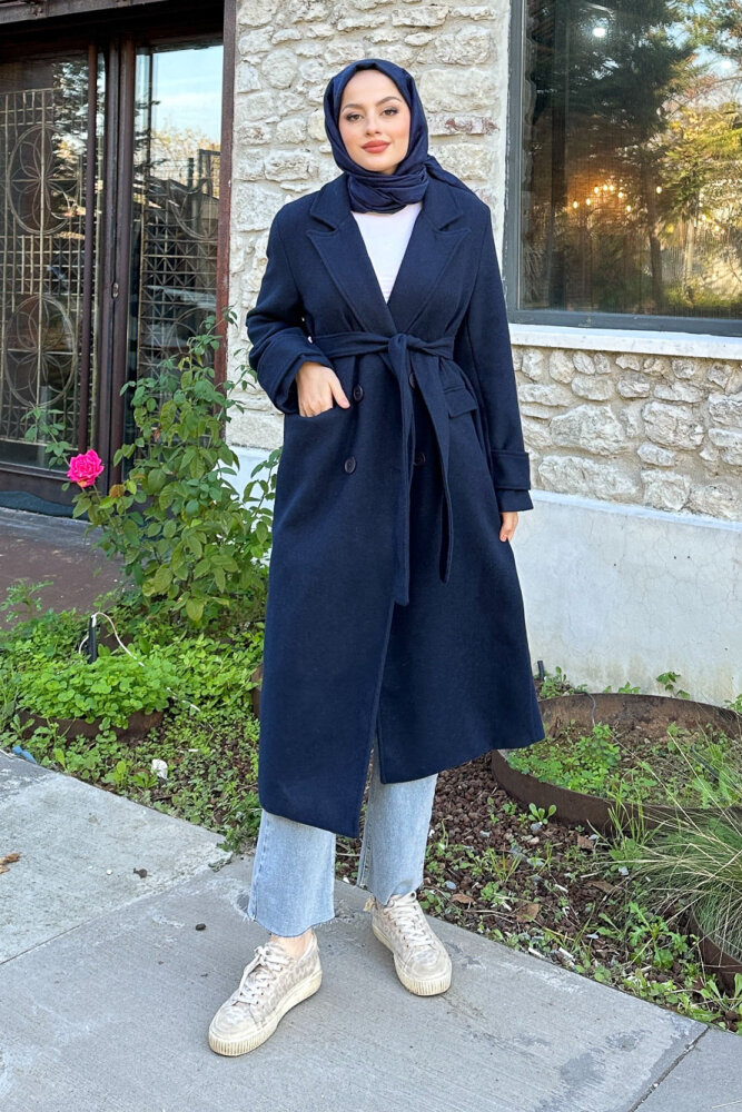 Geniş Manşetli Kaşe Kaban - Lacivert - 3