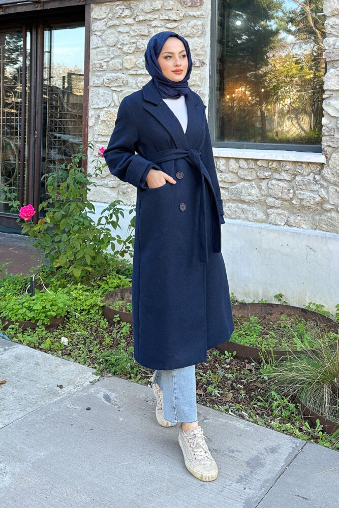 Geniş Manşetli Kaşe Kaban - Lacivert - 4