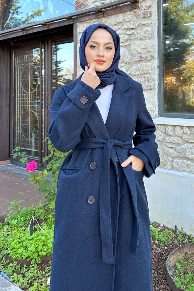 Geniş Manşetli Kaşe Kaban - Lacivert - HENZA (4)