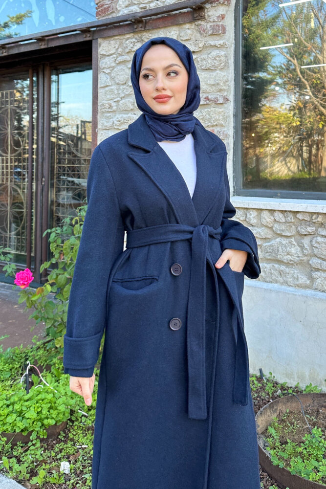 Geniş Manşetli Kaşe Kaban - Lacivert - 6