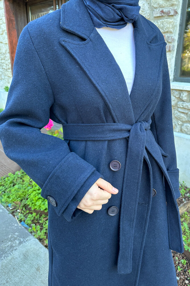 Geniş Manşetli Kaşe Kaban - Lacivert - 8