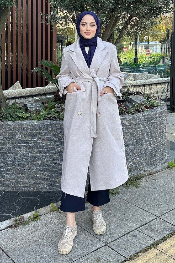 Geniş Manşetli Kaşe Kaban - Taş Rengi - HENZA (1)