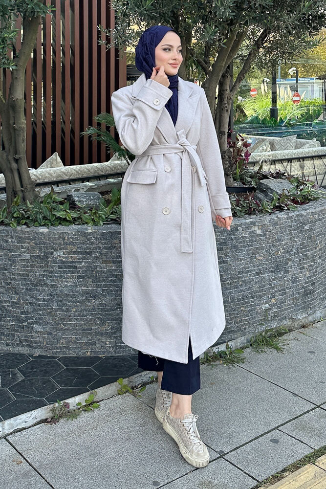 Geniş Manşetli Kaşe Kaban - Taş Rengi - HENZA (4)