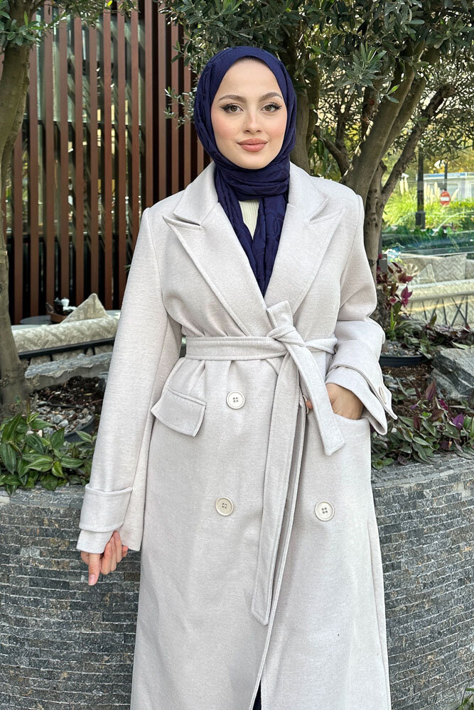 Geniş Manşetli Kaşe Kaban - Taş Rengi - 6