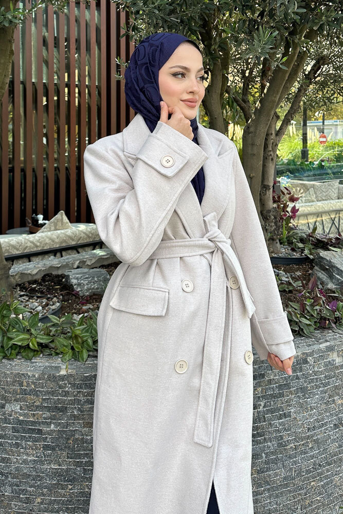 Geniş Manşetli Kaşe Kaban - Taş Rengi - 3
