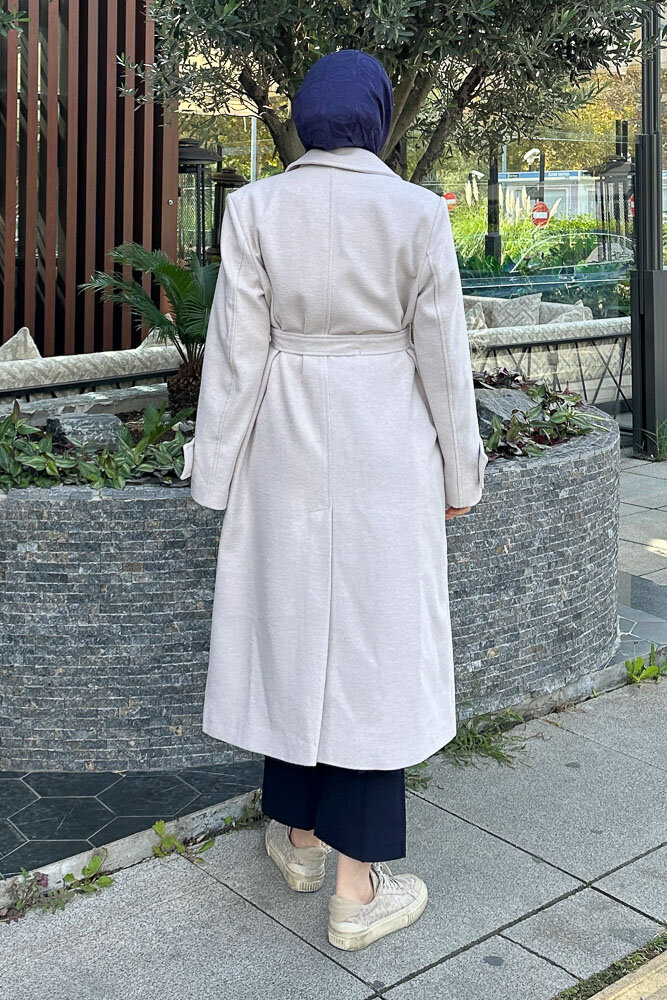 Geniş Manşetli Kaşe Kaban - Taş Rengi - 4