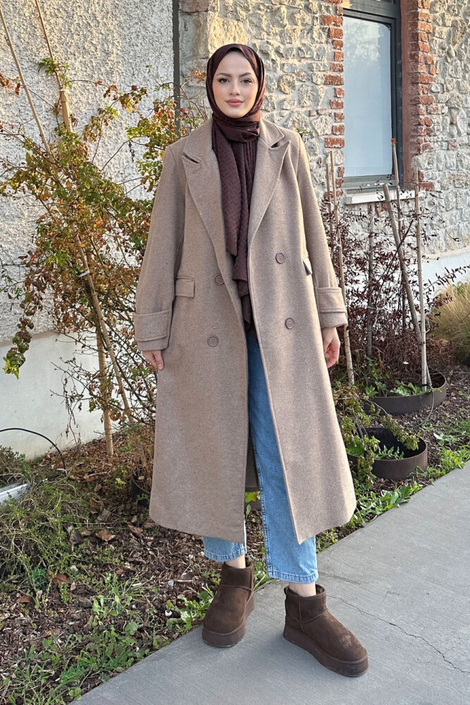 Geniş Manşetli Kaşe Kaban - Vizon - HENZA (1)