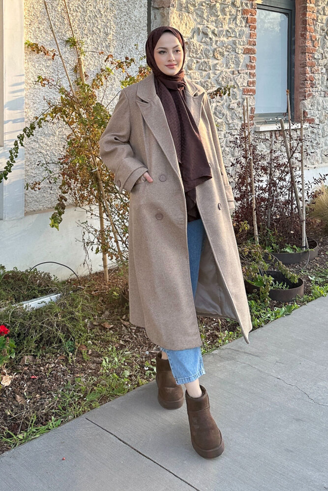 Geniş Manşetli Kaşe Kaban - Vizon - 5