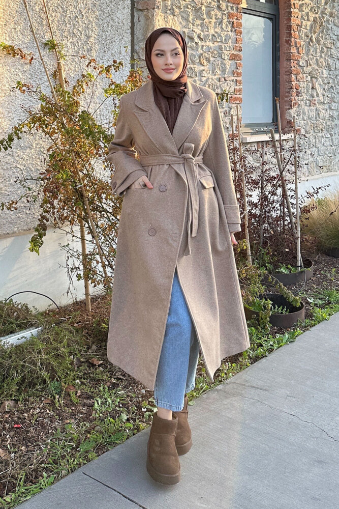 Geniş Manşetli Kaşe Kaban - Vizon - 1