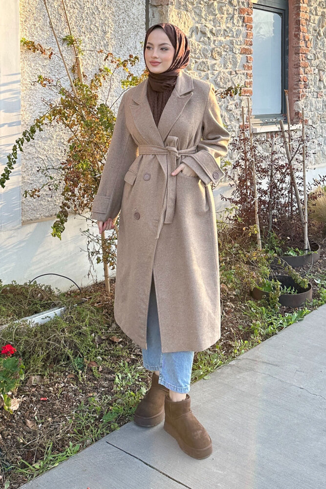 Geniş Manşetli Kaşe Kaban - Vizon - 7