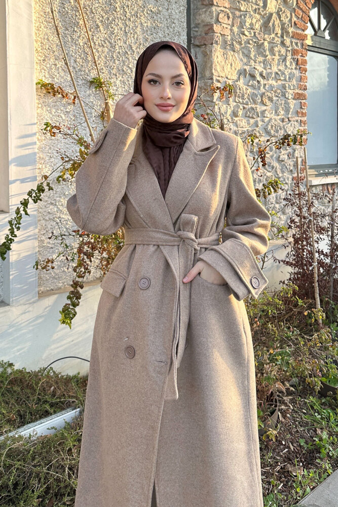 Geniş Manşetli Kaşe Kaban - Vizon - 6