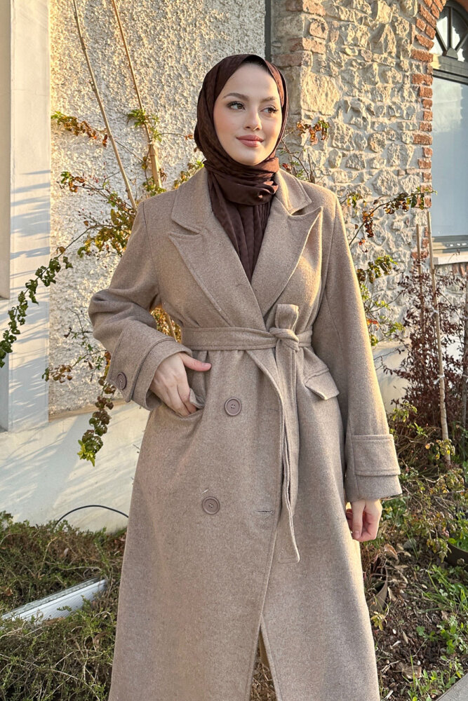 Geniş Manşetli Kaşe Kaban - Vizon - HENZA (2)