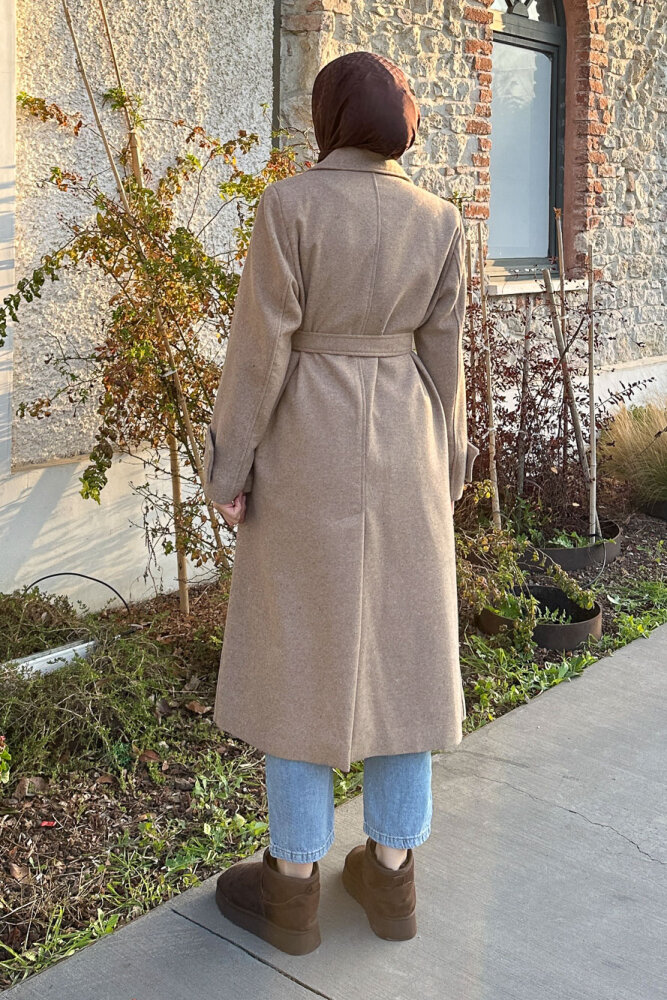 Geniş Manşetli Kaşe Kaban - Vizon - 8