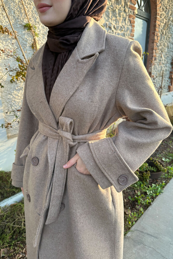 Geniş Manşetli Kaşe Kaban - Vizon - 4