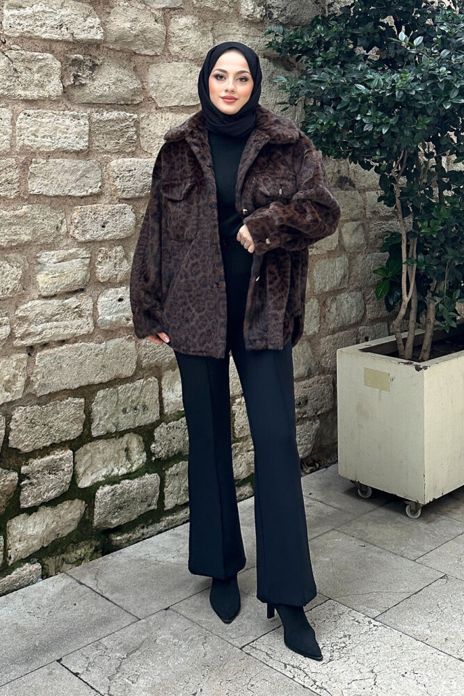 Desert Geniş Yaka Leopar Ceket - Kahverengi - İKOL (0)