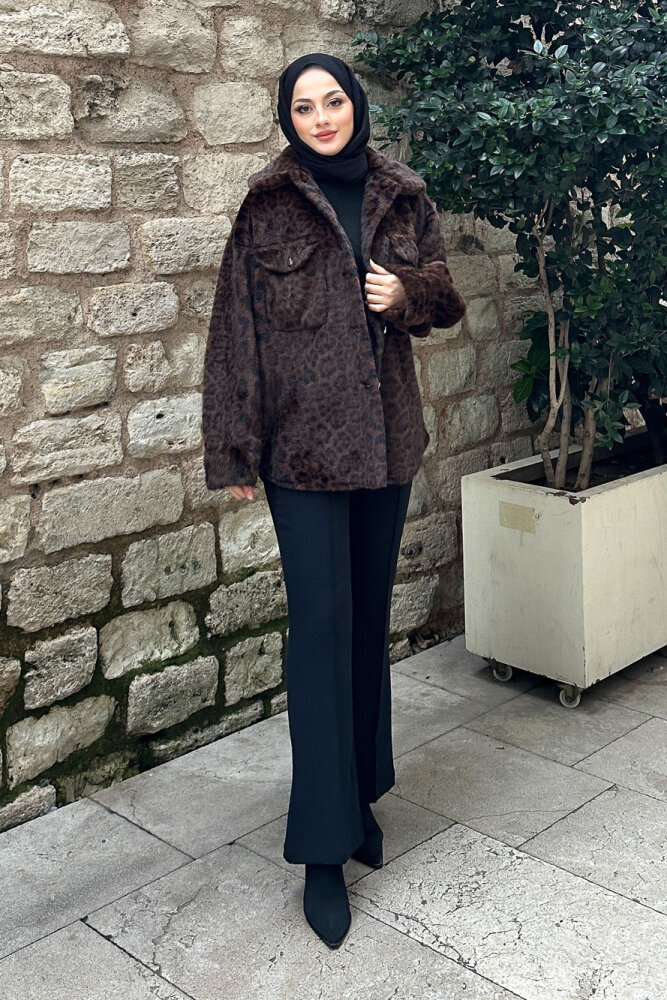 Desert Geniş Yaka Leopar Ceket - Kahverengi - 4