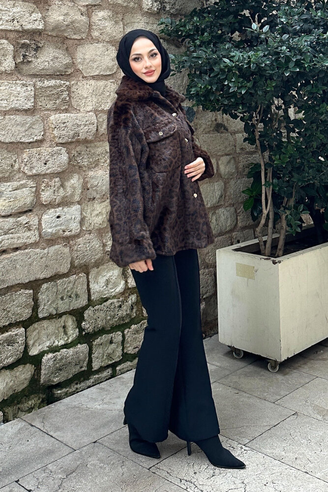 Desert Geniş Yaka Leopar Ceket - Kahverengi - 7