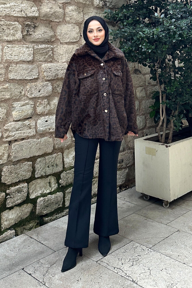 Desert Geniş Yaka Leopar Ceket - Kahverengi - 9