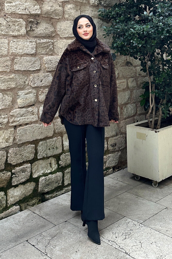 Desert Geniş Yaka Leopar Ceket - Kahverengi - 6