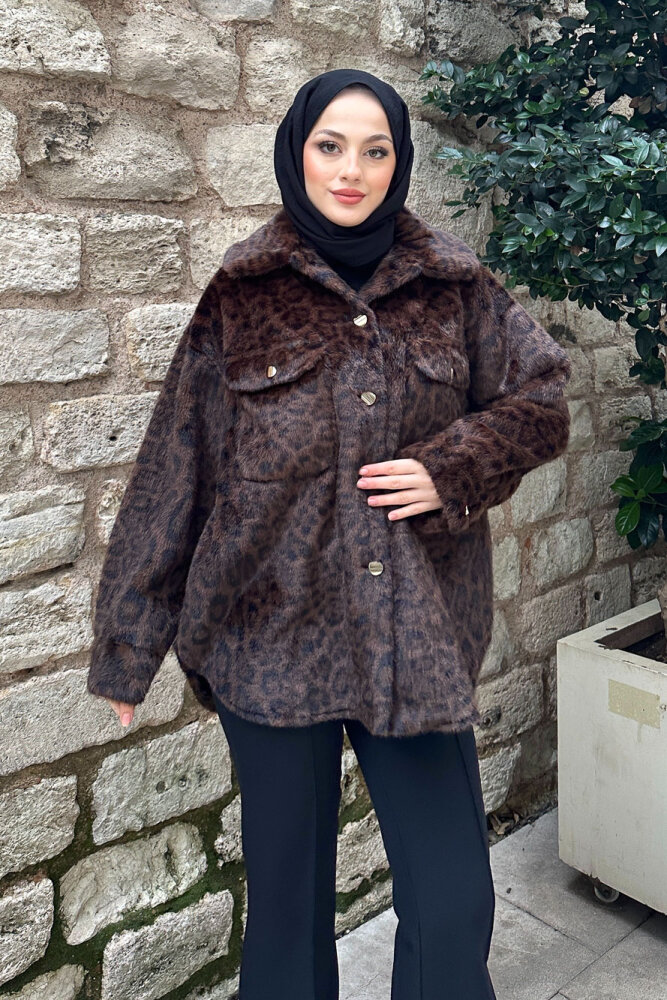 Desert Geniş Yaka Leopar Ceket - Kahverengi - 3