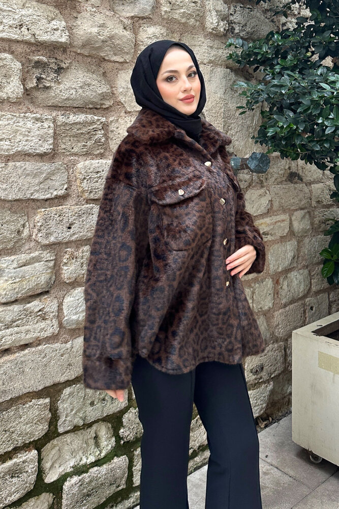 Desert Geniş Yaka Leopar Ceket - Kahverengi - 8