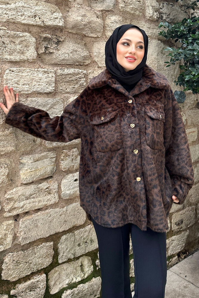 Desert Geniş Yaka Leopar Ceket - Kahverengi - 10