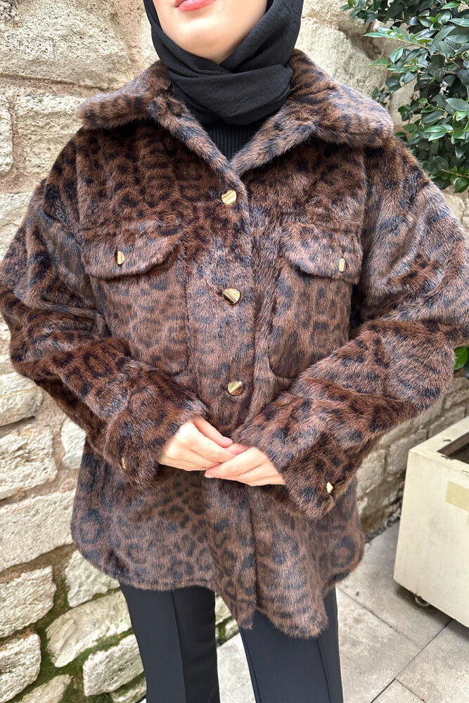 Desert Geniş Yaka Leopar Ceket - Kahverengi - 2