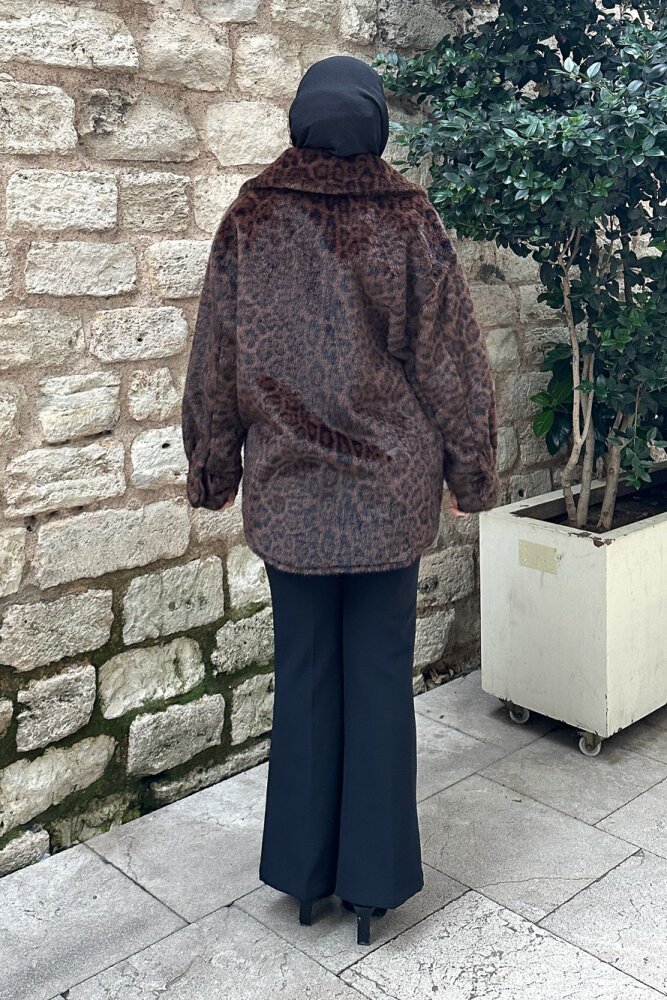 Desert Geniş Yaka Leopar Ceket - Kahverengi - İKOL (4)