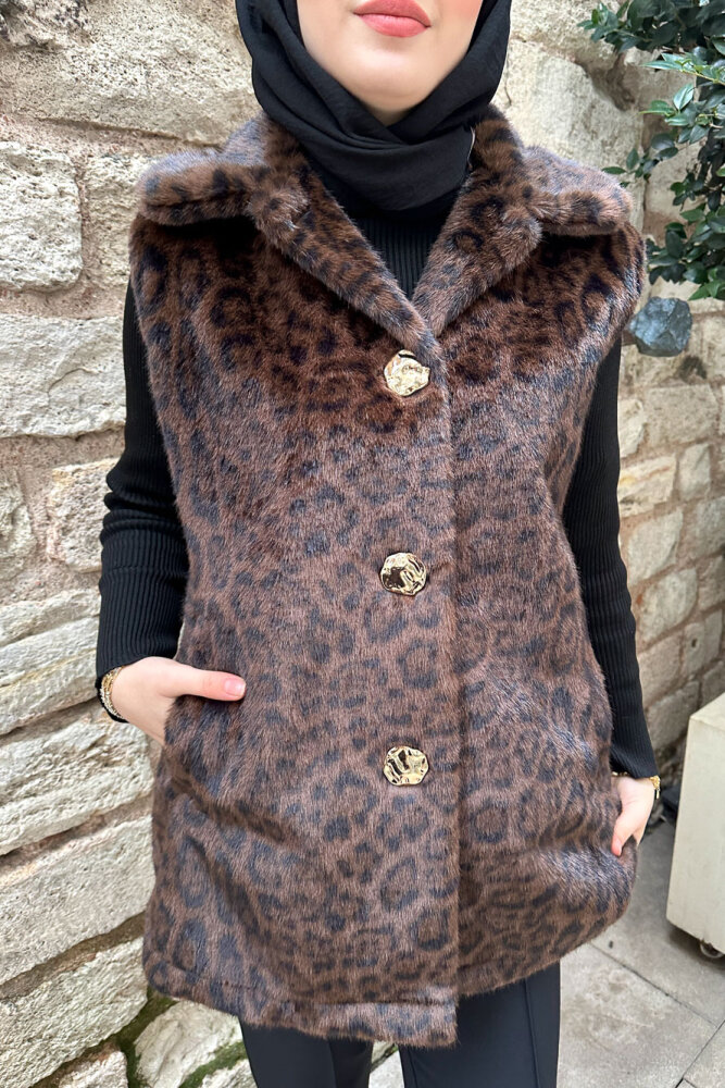 Geniş Yaka Leopar Yelek - Kahverengi - 2